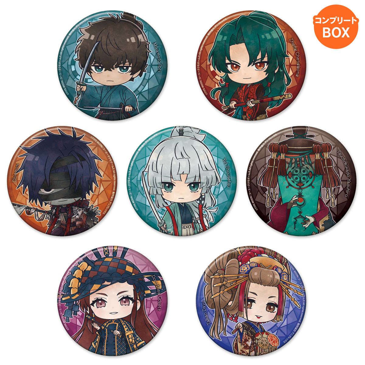 Fate/Samurai Remnant トレーディングミニキャラホログラム缶バッジ マスター【全7種】 コンプリートBOX